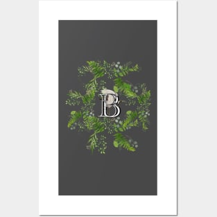 Botanical Monogram B letter with Heron bird detail. Posters and Art